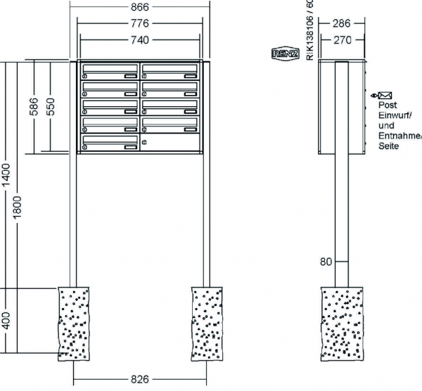 RENZ Briefkastenanlage freistehend, Quadra, Kastenformat 370x110x270mm, 9-teilig, zum Einbetonieren